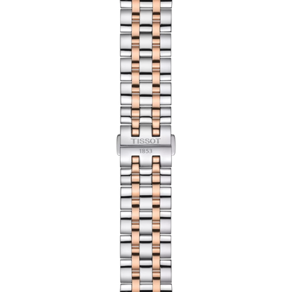 Two-tone watch strap with silver and rose gold colors on a white background