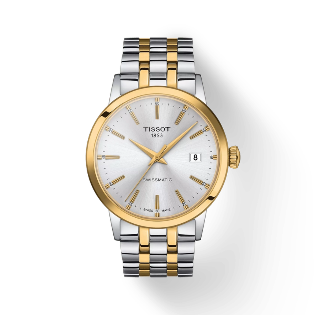 Tissot watch with two-tone metal strap on a white background