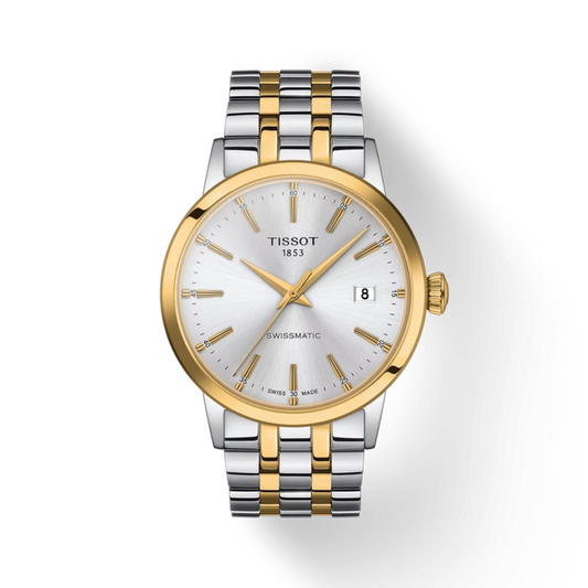 Tissot watch with two-tone metal strap on a white background