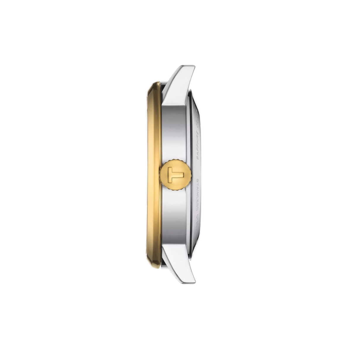 Close-up of a watch with gold and silver band on a white background