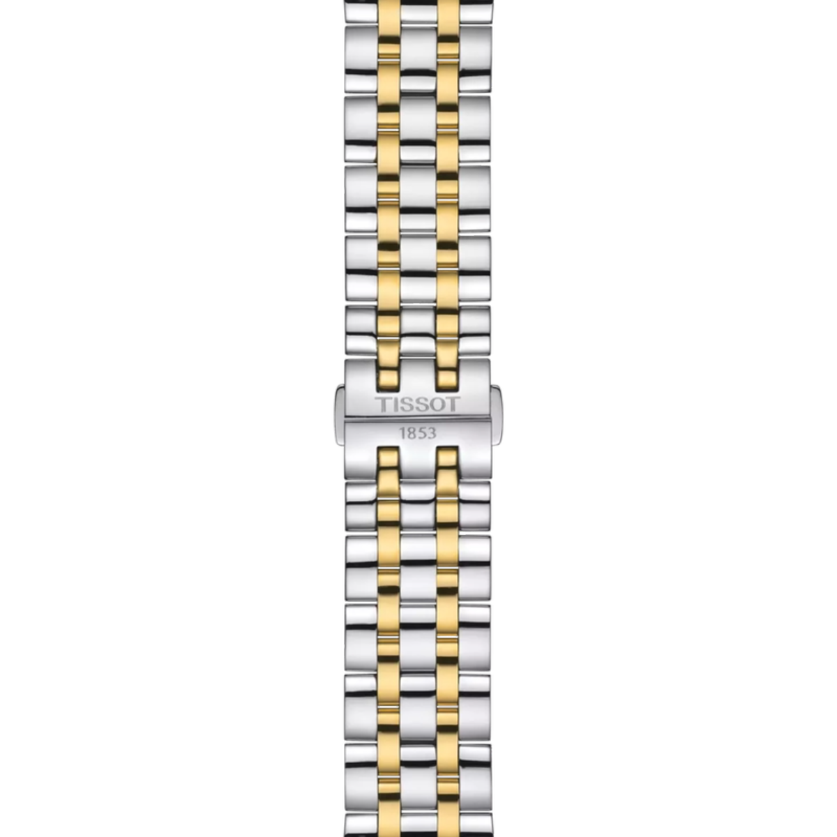 Two-tone silver and gold watch strap with Tissot logo on a white background