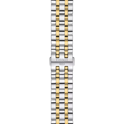 Two-tone silver and gold watch strap with Tissot logo on a white background