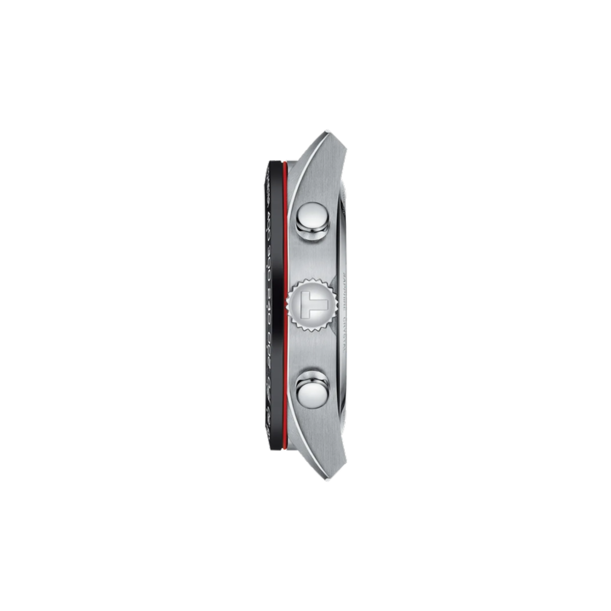 Close-up of a silver watch with a red accent on a white background