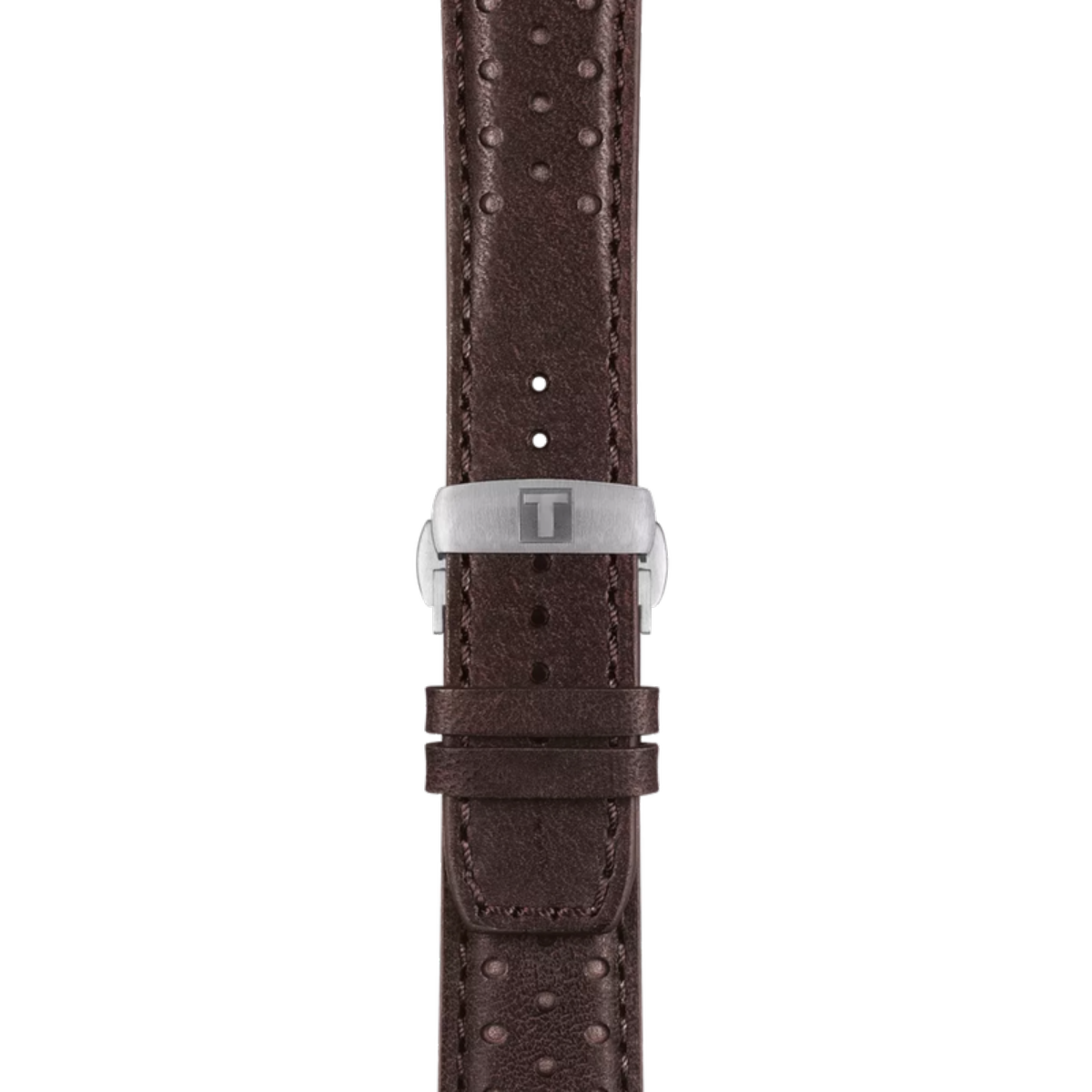 Brown watch strap with silver buckle on a white background