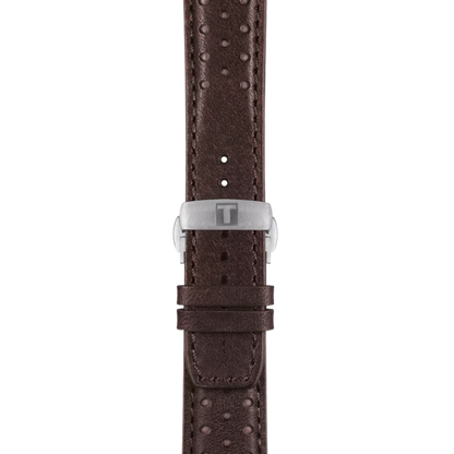 Brown watch strap with silver buckle on a white background