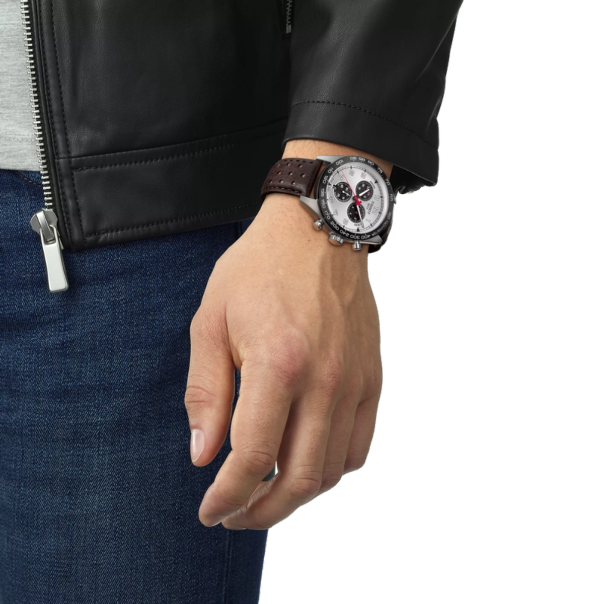 Hand wearing a watch with a black leather strap on a white background