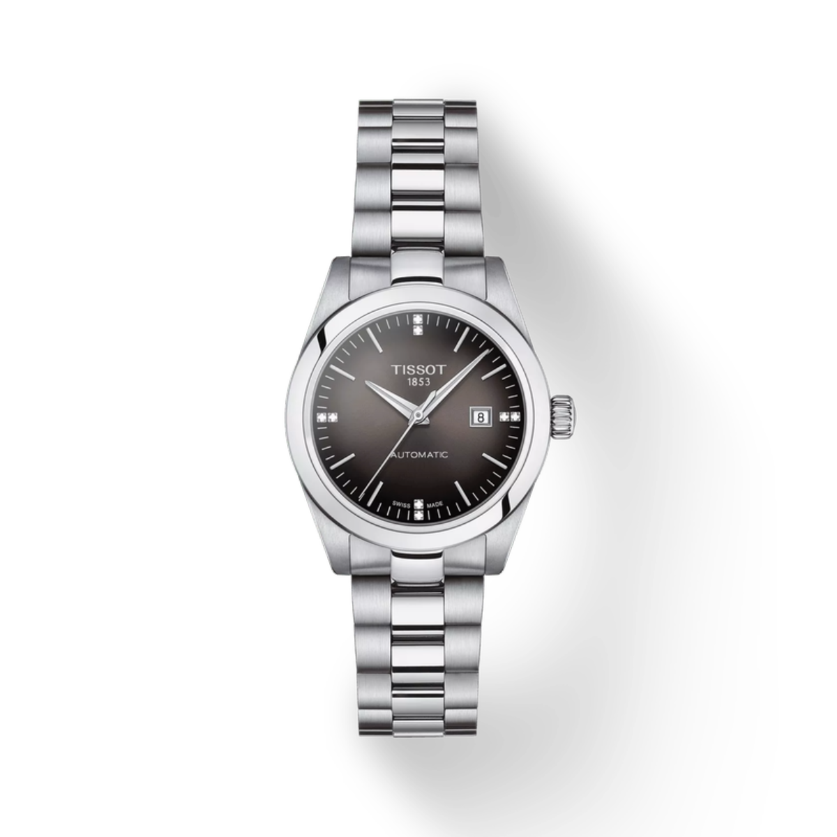 Silver Tissot watch with a dark face on a white background