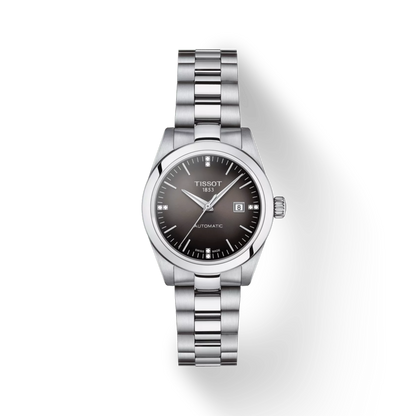 Silver Tissot watch with a dark face on a white background