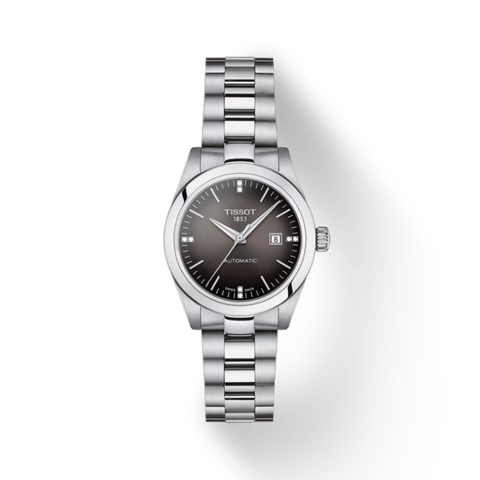 Silver Tissot watch with a dark face on a white background