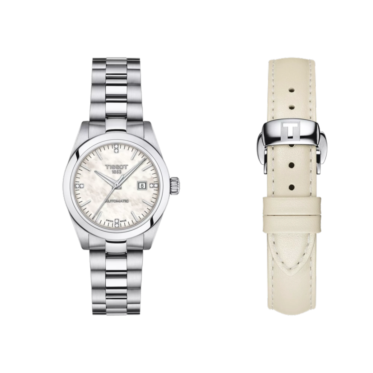 Two watches: one silver metal watch and one with a cream leather strap on a white background