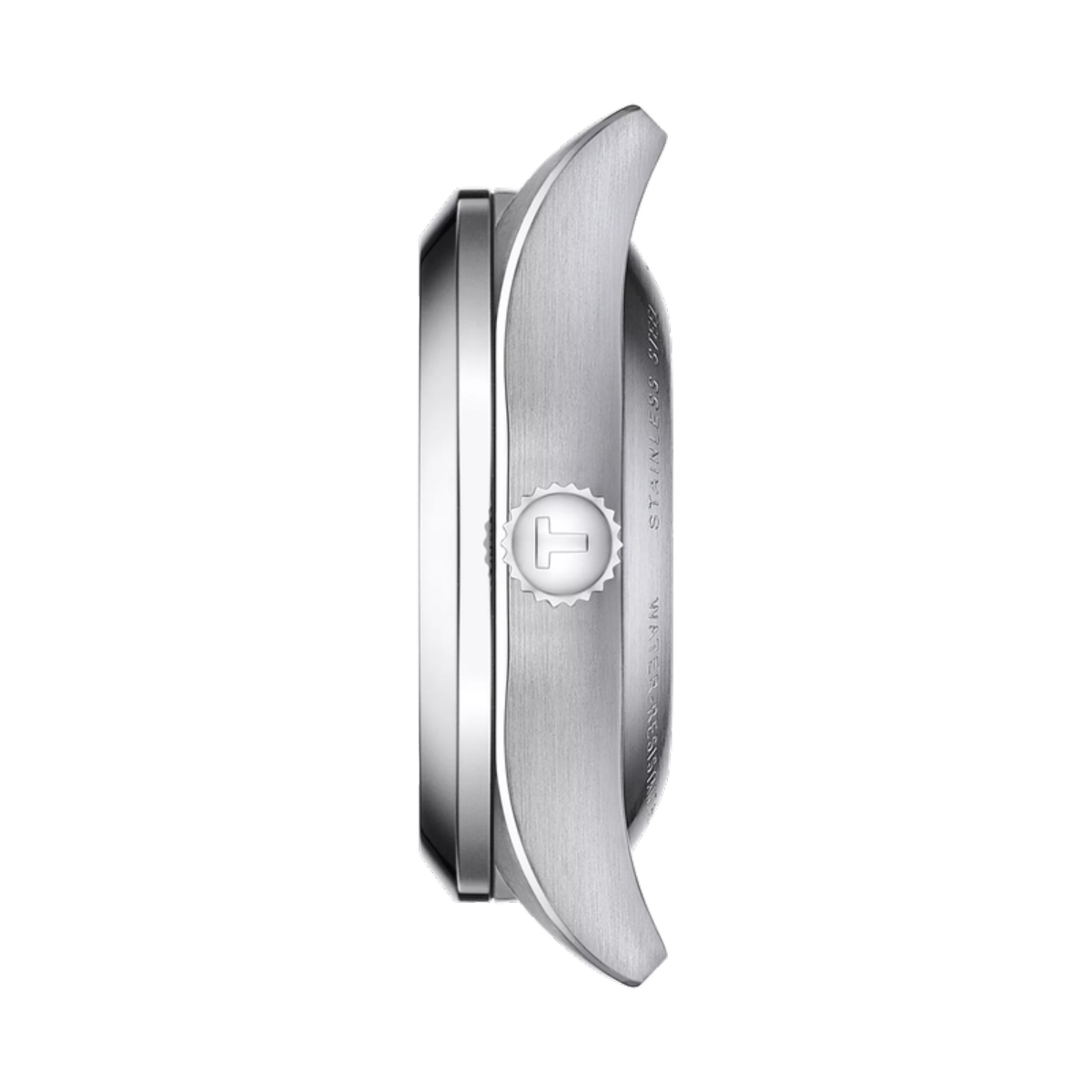 Close-up of a silver watch case with brand logo on a white background