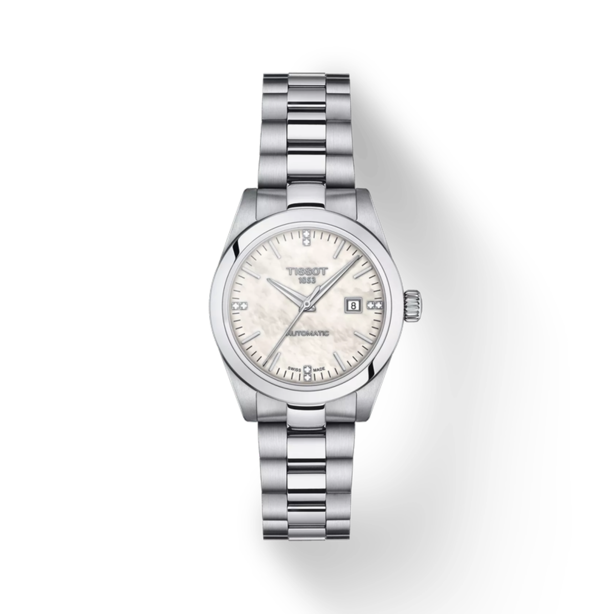Silver Tissot watch on a white background