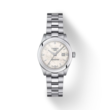 Silver Tissot watch on a white background