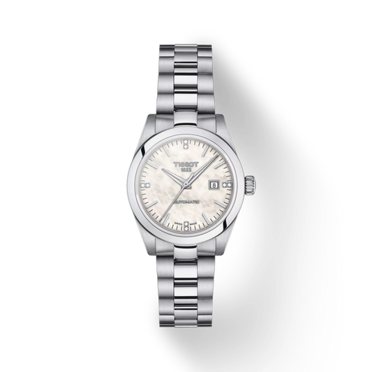 Silver Tissot watch on a white background