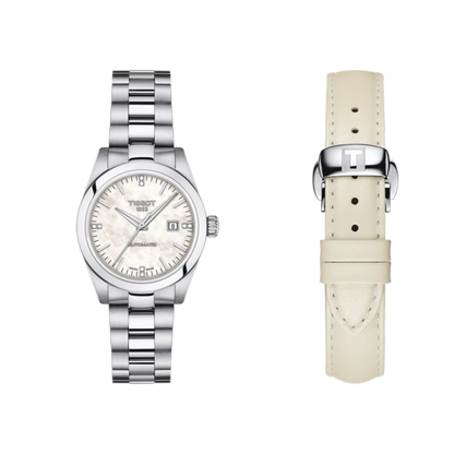 Two watches: one silver metal watch and one with a cream leather strap on a white background