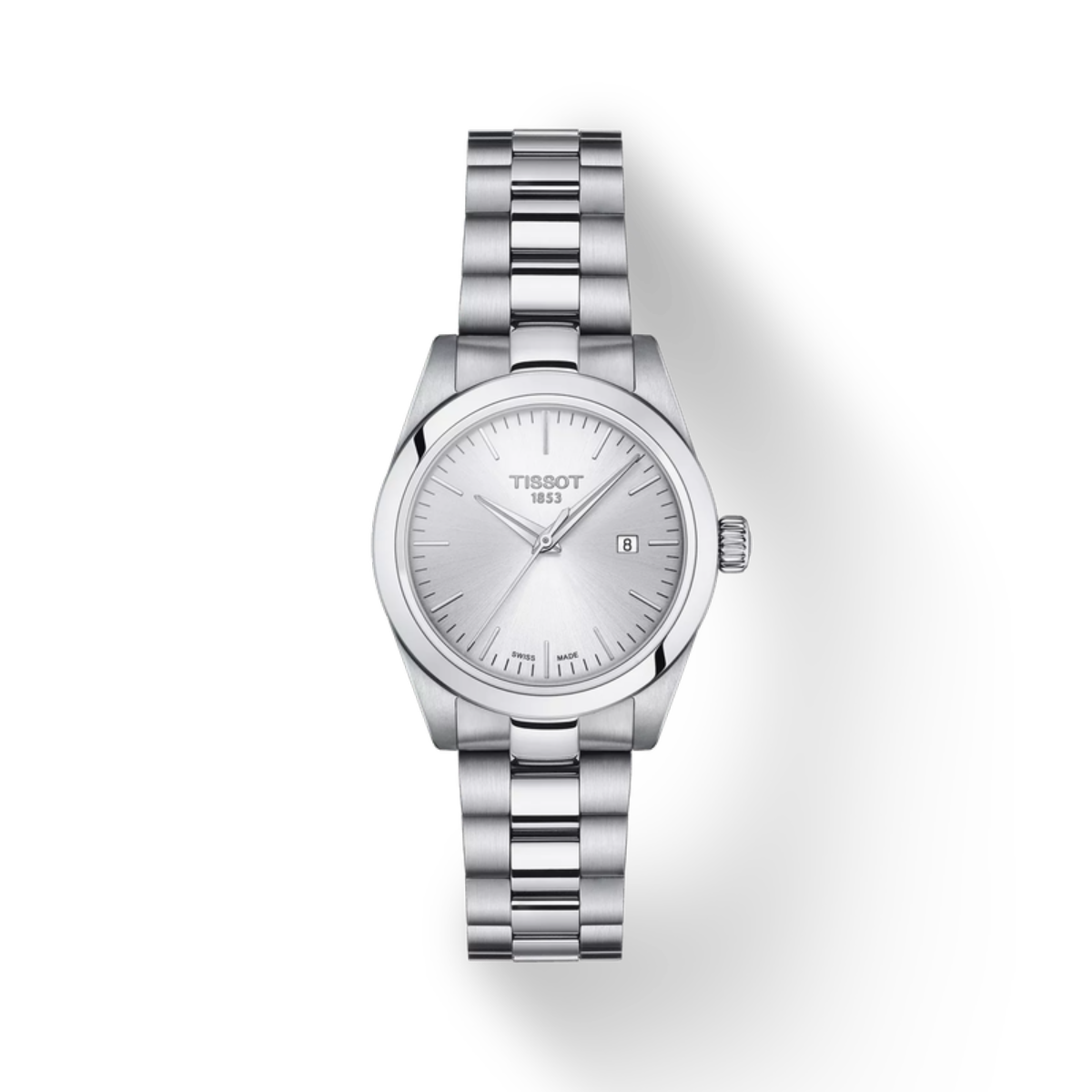 Silver Tissot watch on a white background