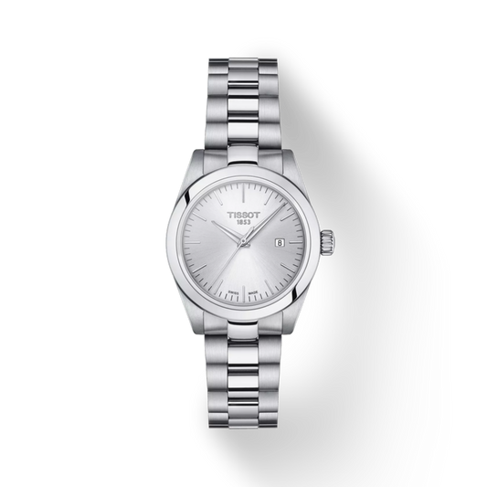 Silver Tissot watch on a white background