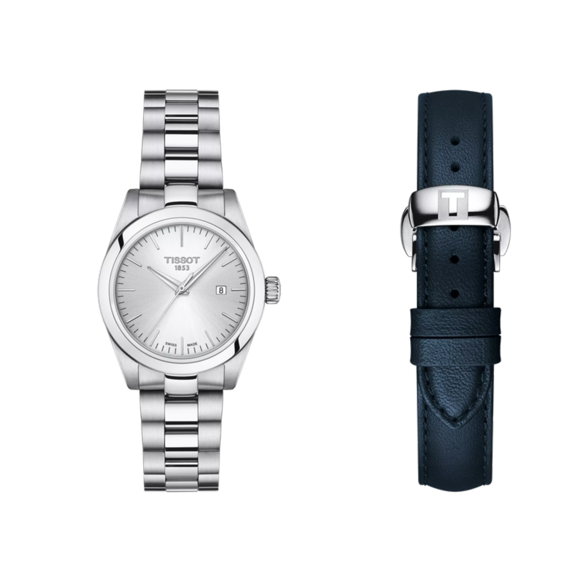 Tissot watch with silver metal strap and black leather strap on a white background