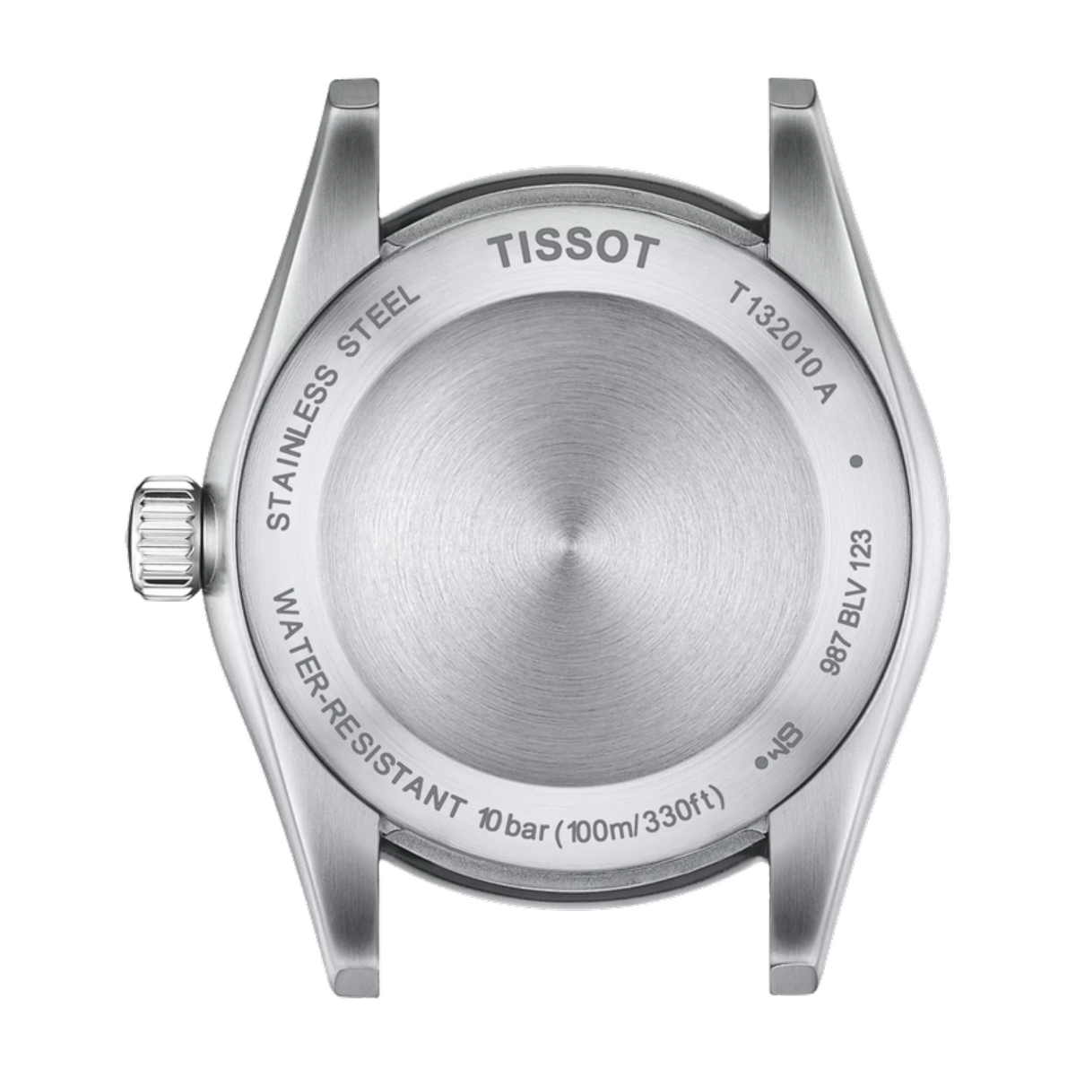 Back view of a Tissot watch with branding and specifications.