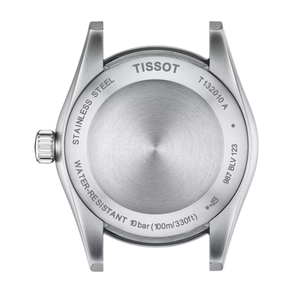 Back view of a Tissot watch with branding and specifications.