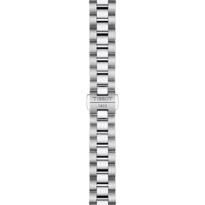 Silver watch strap with Tissot logo on a white background