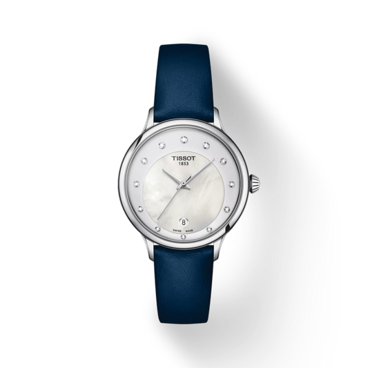 Tissot watch with blue strap and silver case on a white background