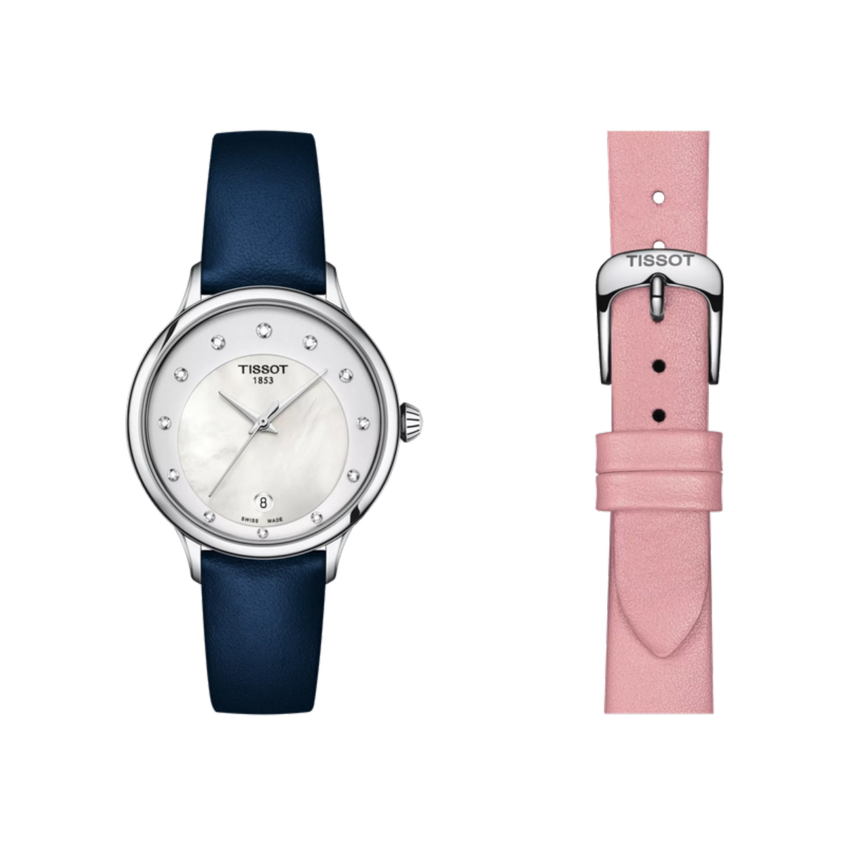 Two Tissot watches, one with a blue strap and the other with a pink strap, on a white background.
