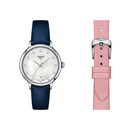 Two Tissot watches, one with a blue strap and the other with a pink strap, on a white background.
