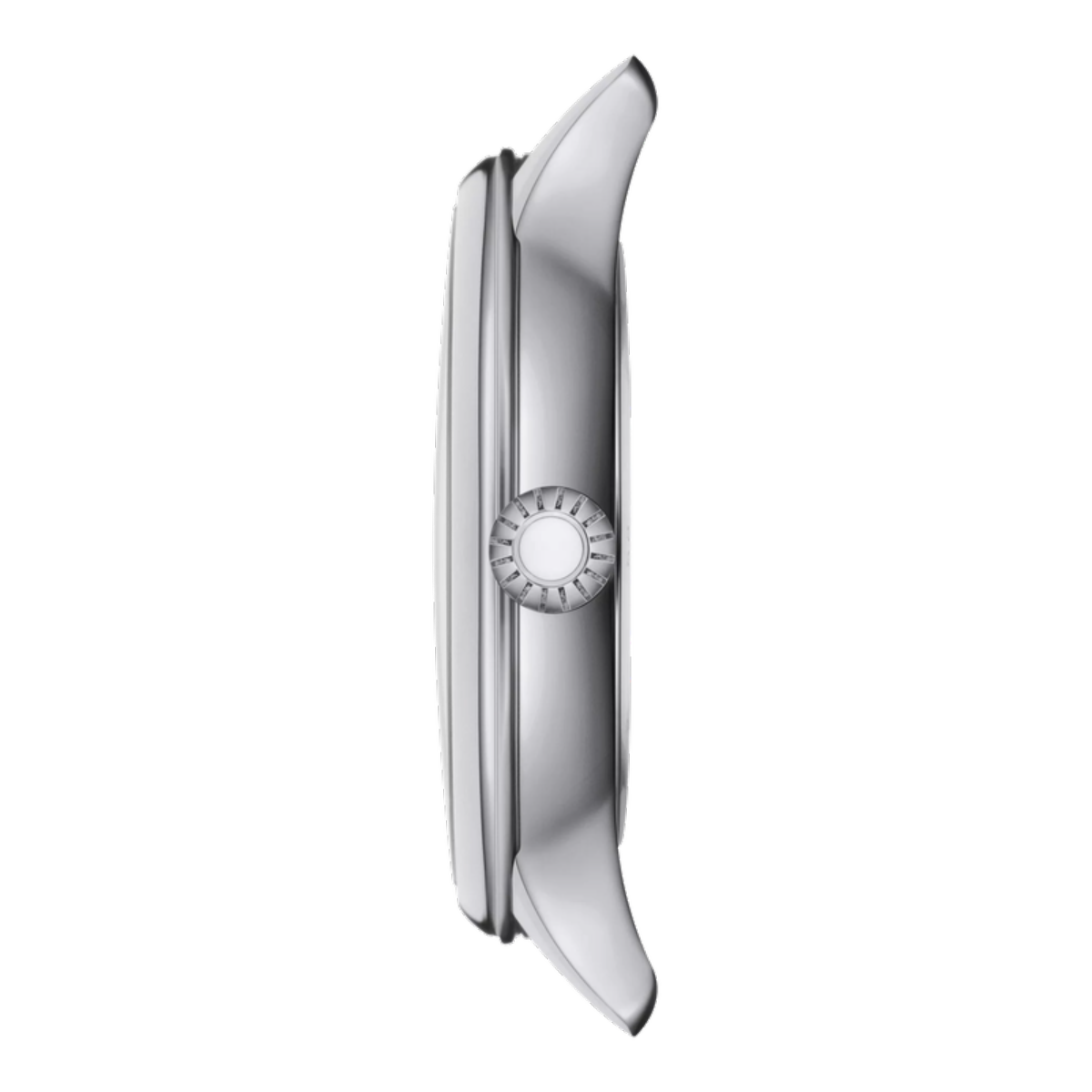 Silver watch case on a white background