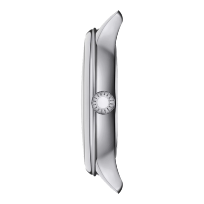 Silver watch case on a white background