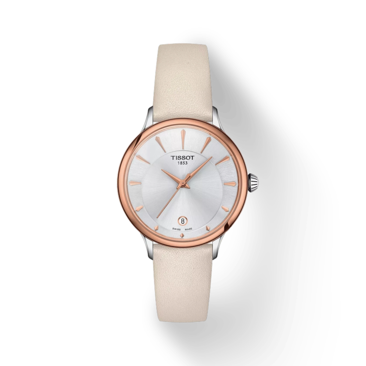 Tissot watch with beige strap and rose gold case on white background
