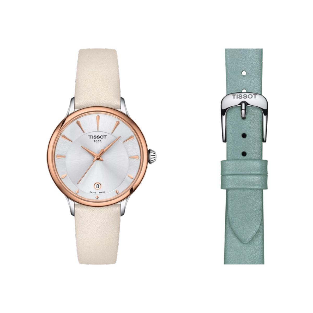 Two Tissot watches, one with a beige strap and rose gold case, the other with a green strap and silver case, on a white background.