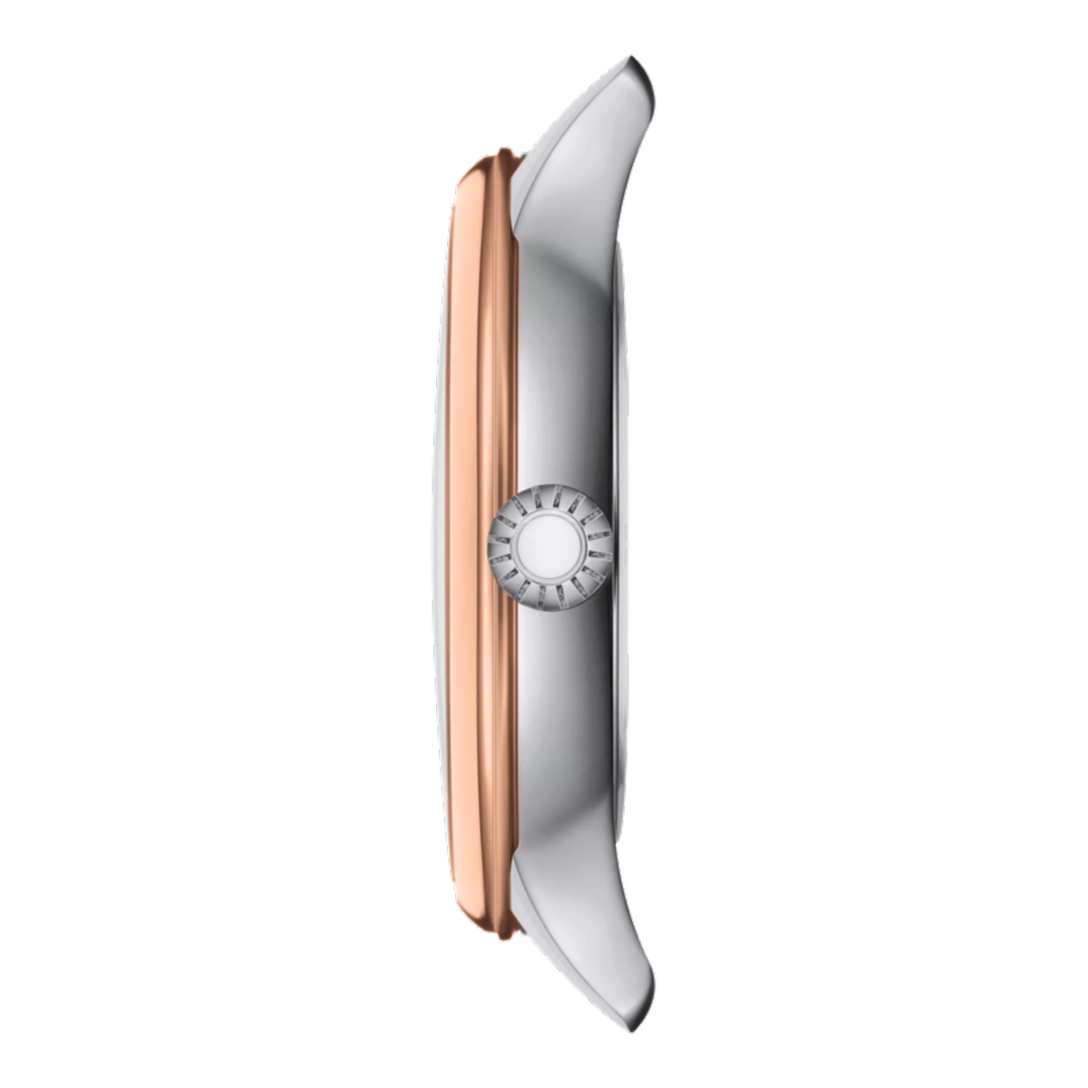 Watch strap with rose gold and silver design on a white background