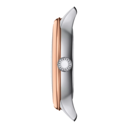 Watch strap with rose gold and silver design on a white background