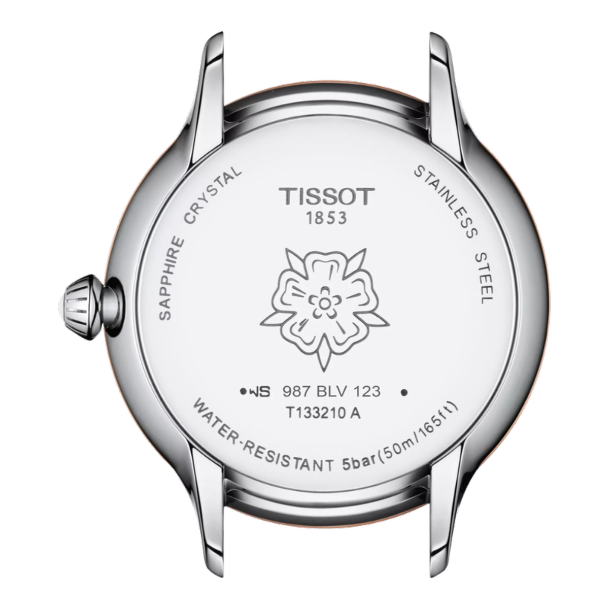 Tissot watch caseback with brand logo and specifications on a white background