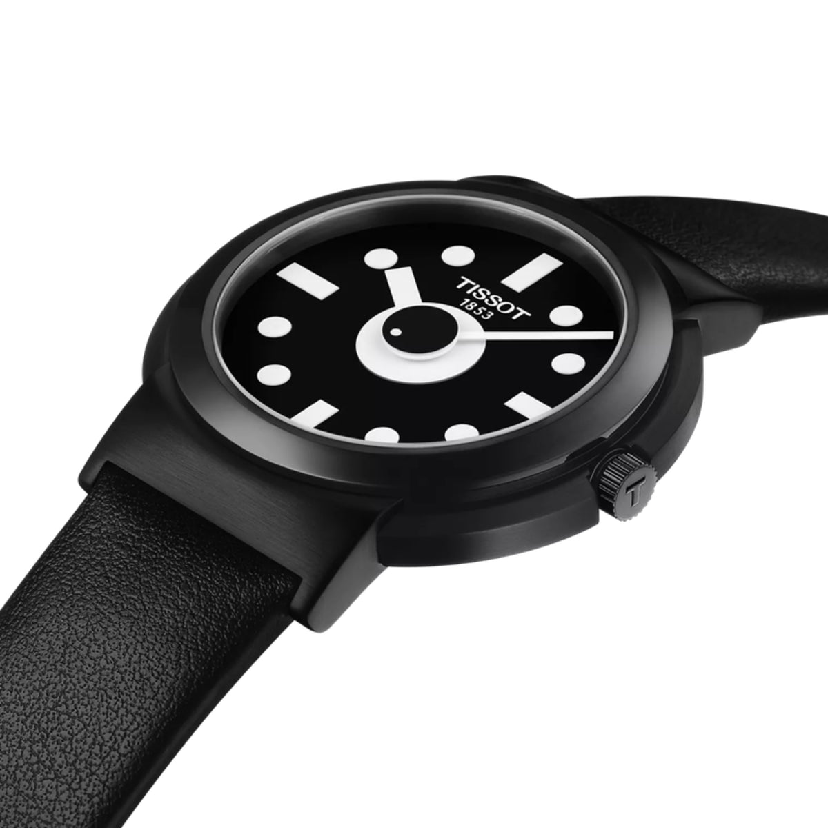 Black Tissot watch with a white face on a white background