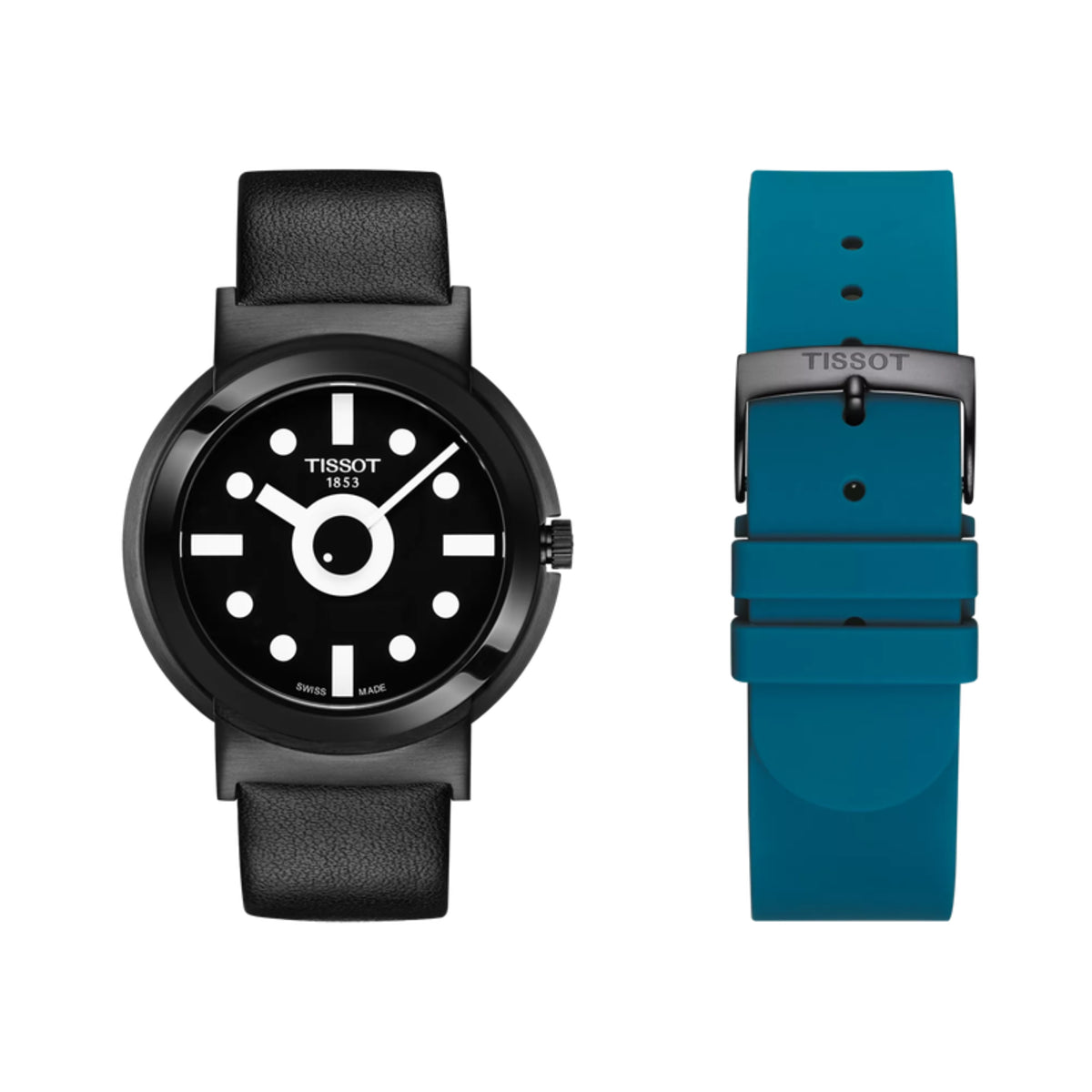 Two Tissot watches, one with a black strap and black face, the other with a blue strap and black face, on a white background.