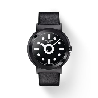 Black Tissot watch with a white face on a white background