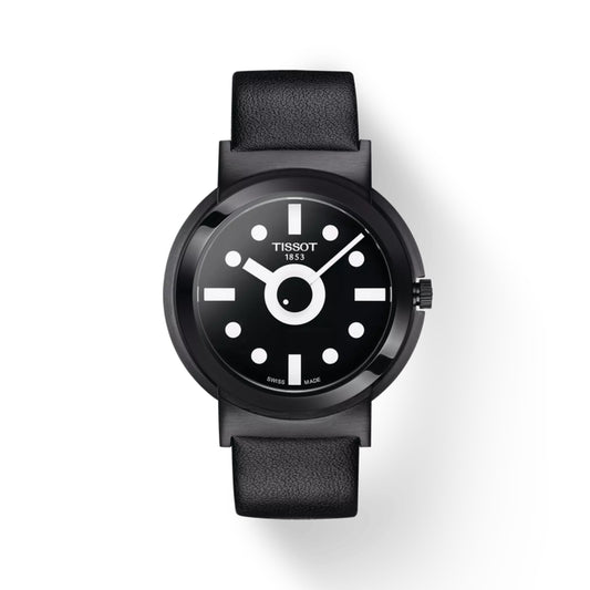 Black Tissot watch with a white face on a white background
