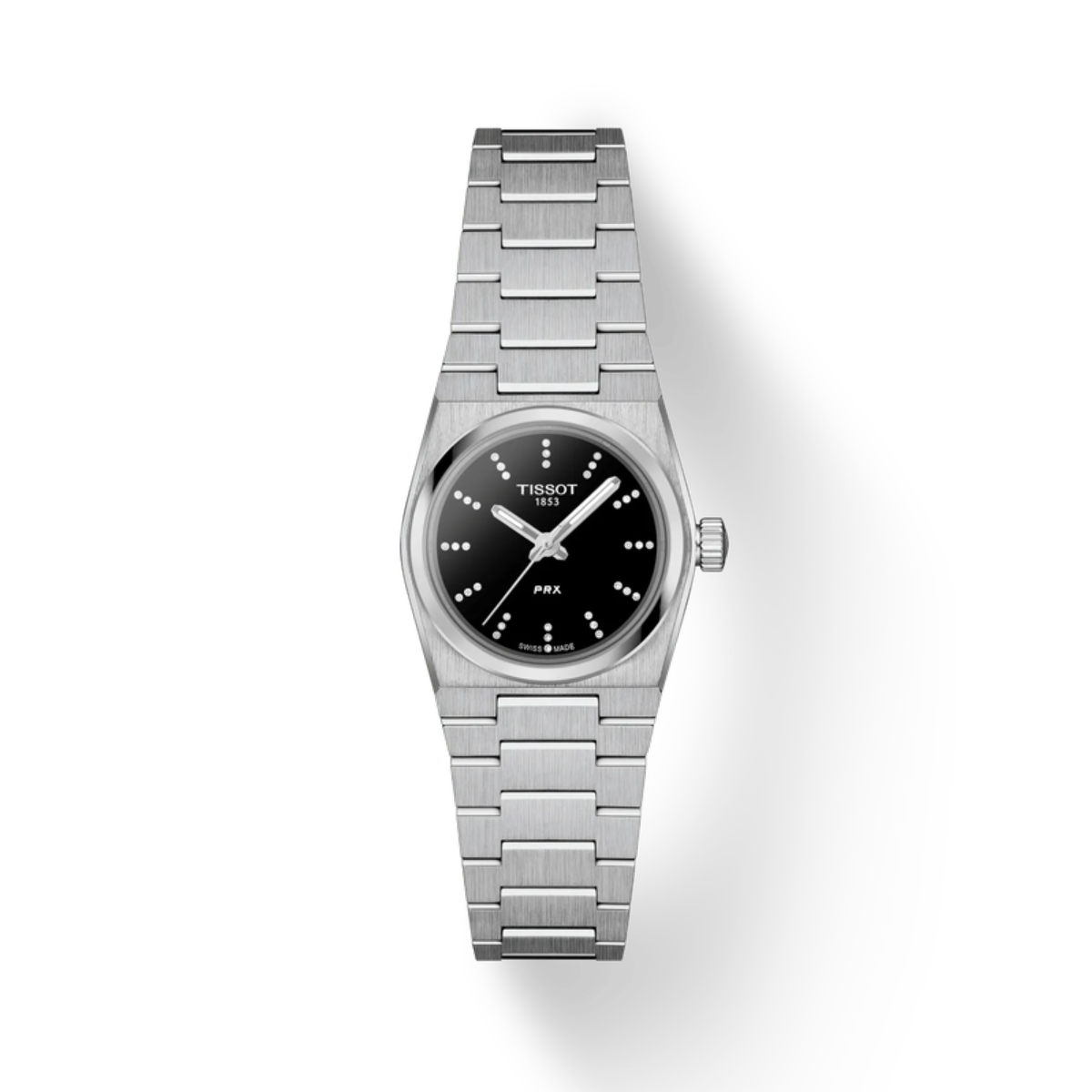Silver Tissot watch with black dial on a white background