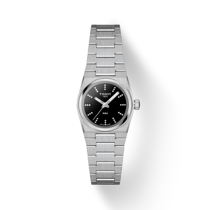 Silver Tissot watch with black dial on a white background