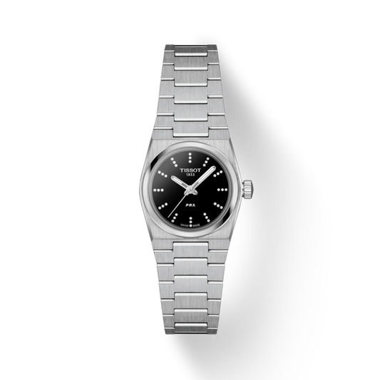 Silver Tissot watch with black dial on a white background