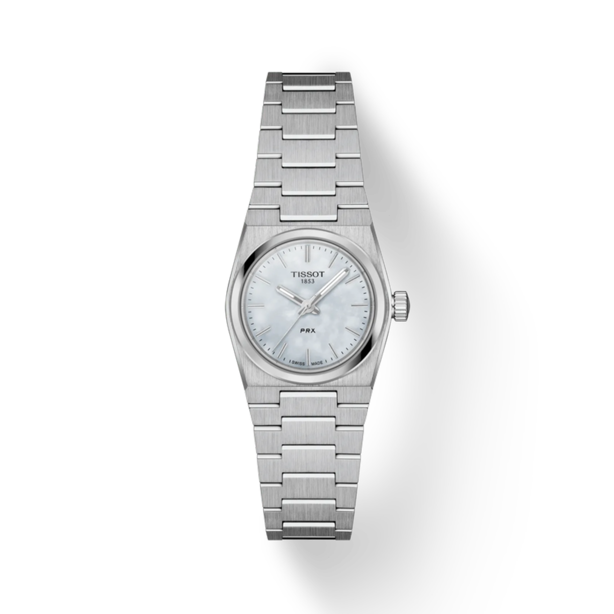 Silver watch with a white face on a white background