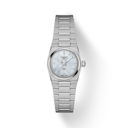 Silver watch with a white face on a white background