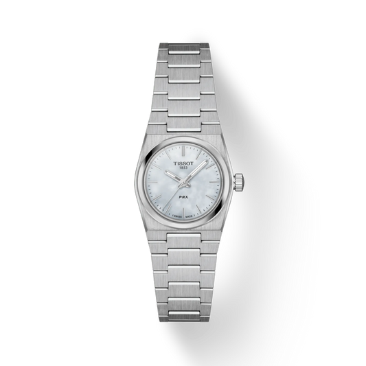 Silver watch with a white face on a white background