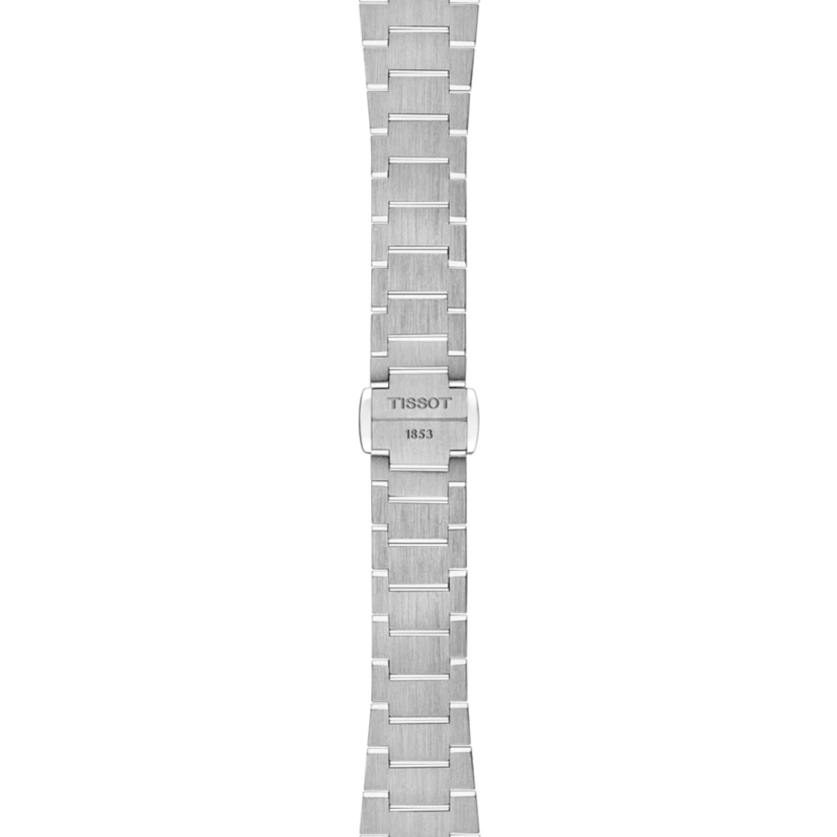 Silver watch strap with Tissot logo on a white background