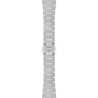 Silver watch strap with Tissot logo on a white background