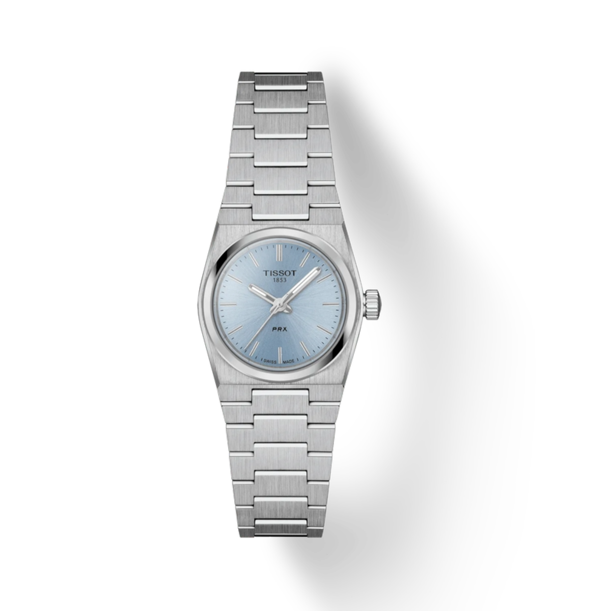 Silver watch with a light blue face on a white background