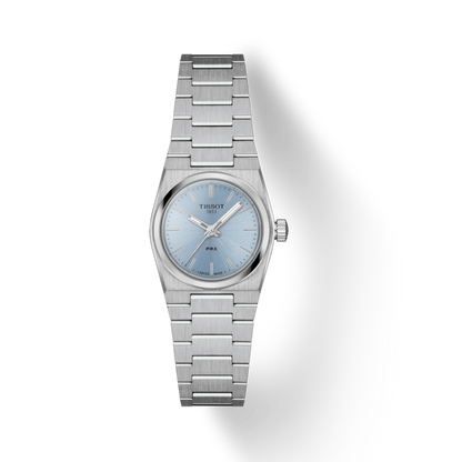 Silver watch with a light blue face on a white background