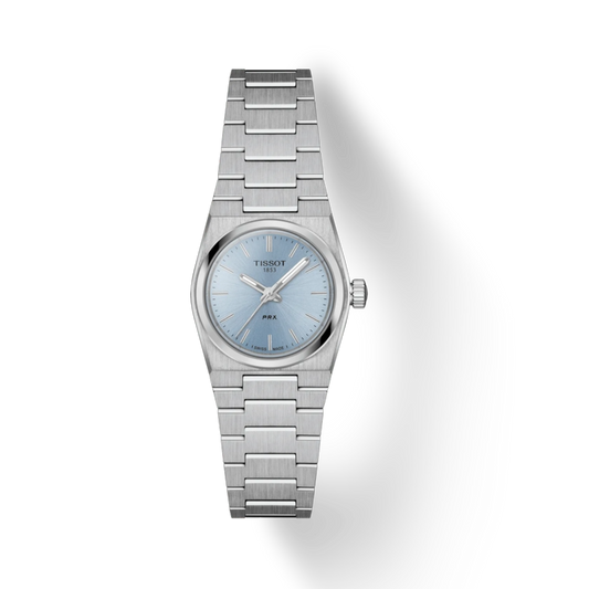 Silver watch with a light blue face on a white background